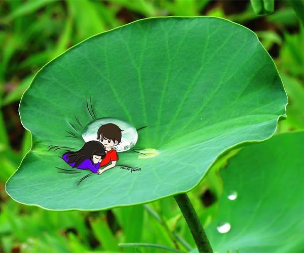 Digital painting of a couple on a lotus leaf